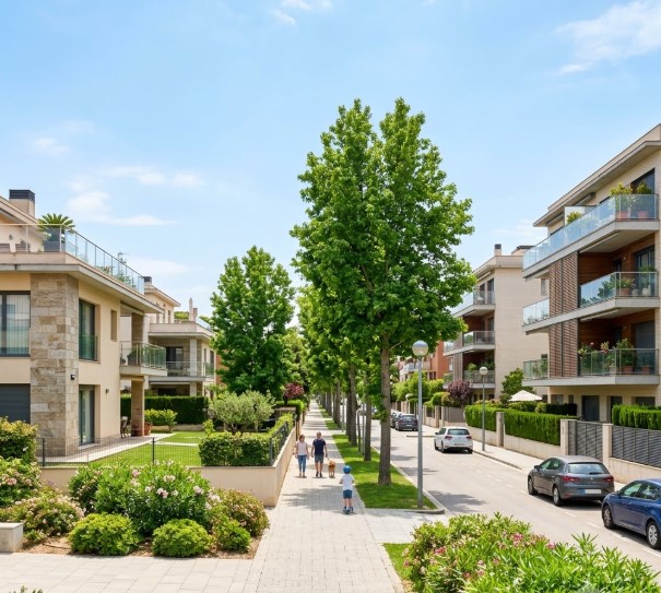 Vistas de edificios residenciales modernos, zonas arboladas y el entorno seguro del barrio de Can Bou